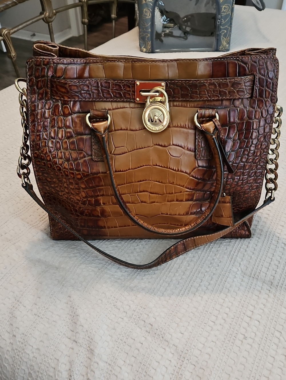 Michael Kors Brown Croc-Embossed Satchel with Gold Lock
